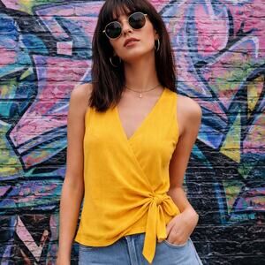 Madewell Texture & Thread Tank Top Womens Medium Mustard Yellow Wrap V-Neck